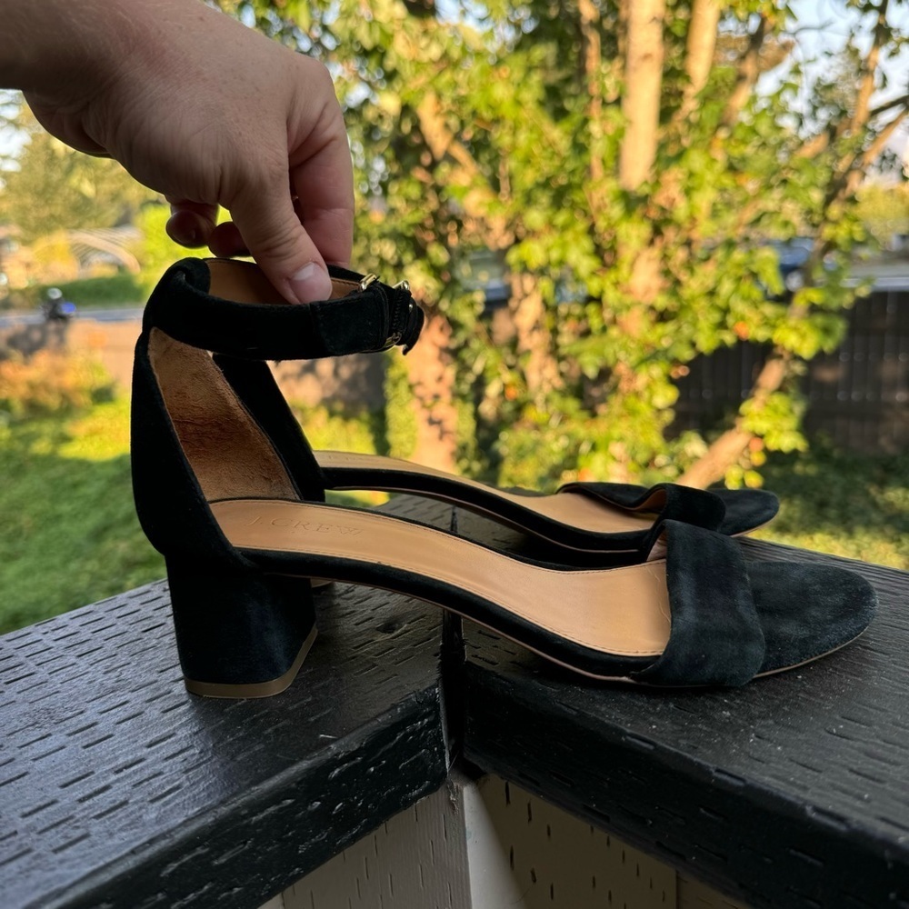 J. Crew Factory Black Suede Ankle Strap Block Heel Sandals